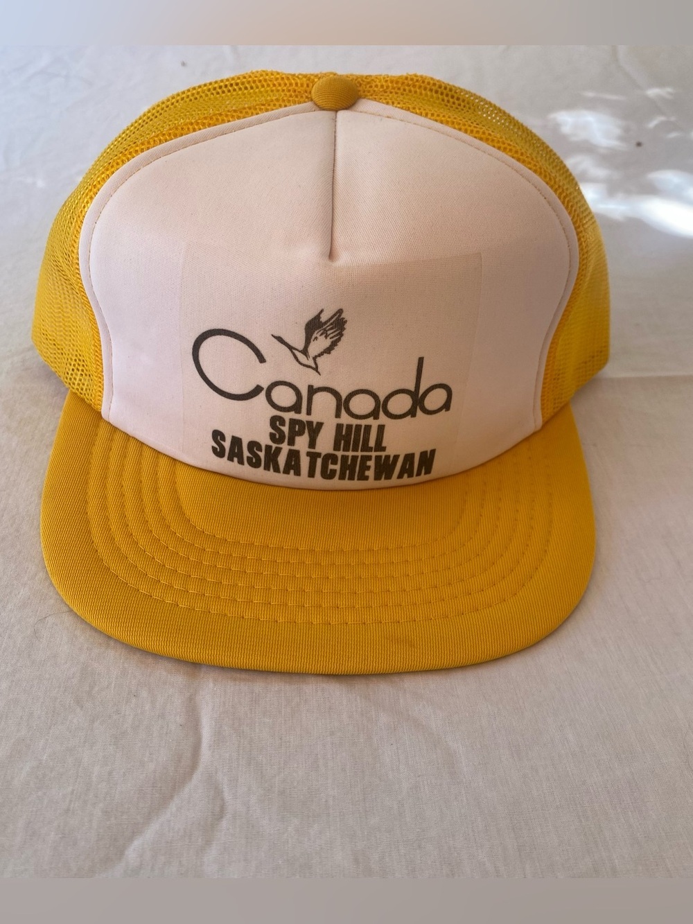 VTG Canada Spy Hill Saskatchewan Trucker Hat Snapback Cap Yellow Mesh